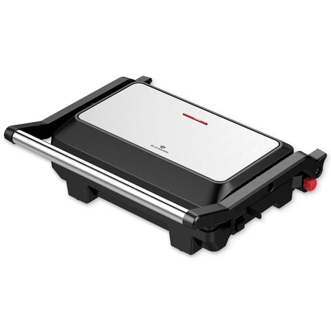 Product image of Electric grill. Part of the Blaumann/Black Silver Collection . Features: • Power: 1000 W • Voltage: 220-240 V, 50/60Hz • Plate size: 23*14,5 cm • NON-STICK coating on plate • Ready light indicator • Length of power cord:.... (Studio view). Official Berlinger Haus product, boosted by Promintra sl.