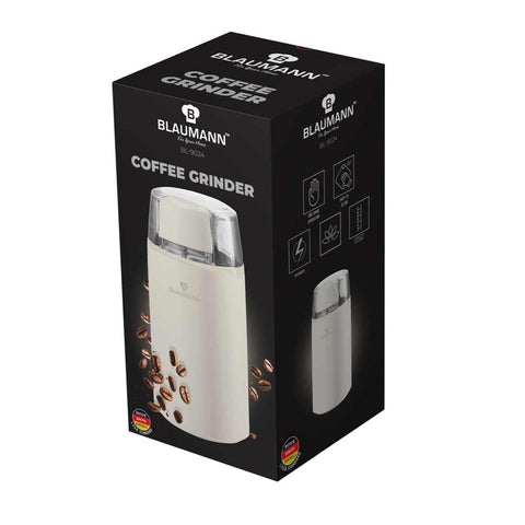 Imagem do produto: Moedor de café elétrico. Parte da linha Blaumann Cream. Características: • Material: aço inoxidável/plástico • Potência: 200 W • Voltagem: 220-240 V 50/60 Hz • Lâmina de aço inoxidável • Cor: creme. (Imagem ilustrativa). Produto oficial Berlinger Haus, com o apoio da Promintra sl.