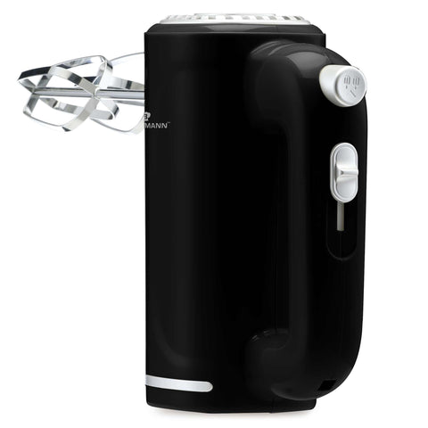 Product image of Hand mixer. Part of the Blaumann/Black Silver Collection . Features: • Material: plastic • Power: 150W • Voltage: 220-240 V 50-60 Hz • Include: • 2 pcs hooks • 2 pcs beaters • Color: black. (Studio view). Official Berlinger Haus product, boosted by Promintra sl.