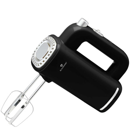 Product image of Hand mixer. Part of the Blaumann/Black Silver Collection . Features: • Material: plastic • Power: 150W • Voltage: 220-240 V 50-60 Hz • Include: • 2 pcs hooks • 2 pcs beaters • Color: black. (Studio view). Official Berlinger Haus product, boosted by Promintra sl.