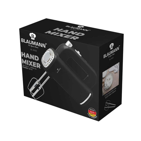 Product image of Hand mixer. Part of the Blaumann/Black Silver Collection . Features: • Material: plastic • Power: 150W • Voltage: 220-240 V 50-60 Hz • Include: • 2 pcs hooks • 2 pcs beaters • Color: black. (Studio view). Official Berlinger Haus product, boosted by Promintra sl.