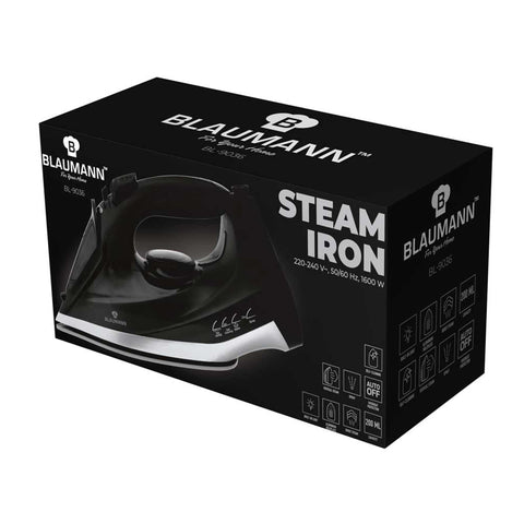 Product image of Iron. Part of the Blaumann/Black Silver Collection . Features: • 220-240V, 50/60Hz, 1600 W • Functions: Dry/Steam/Vertical steam/Spray/Self clean • Water tank capacity: 200 ml • Soleplate size: 22.9*12.1 cm • A.... (Studio view). Official Berlinger Haus product, boosted by Promintra sl.