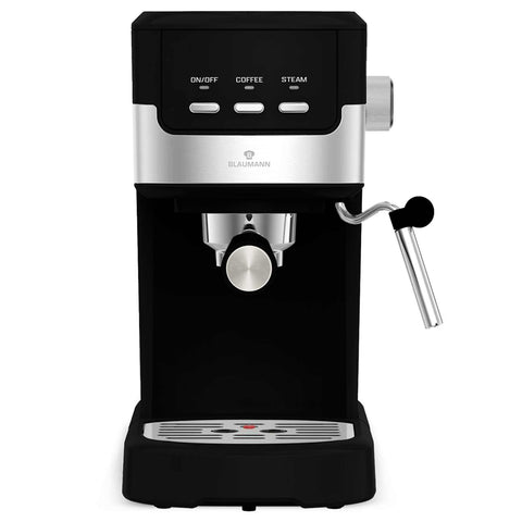 Product image of Espresso coffee machine. Part of the Blaumann/Black Silver Collection . Features: • Material: stainless steel • Power: 1100 W • Voltage: 220-240V 50-60 Hz • Detachable 1,25L water tank • 2 in 1 plastic spoon with tamper • Length .... (Studio view). Official Berlinger Haus product, boosted by Promintra sl.