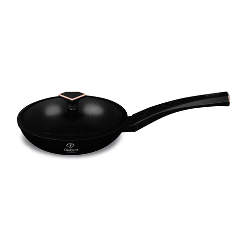 Product image of Frypan 20cm. Part of the MATTE BLACK- ROSE GOLD . Features: • Material: forged aluminum with non-stick titanPro coating • Frypan Ø20*4,5 cm 1,0L • Color: matt black- rose gold. (Studio view). Official Berlinger Haus product, boosted by Promintra sl.