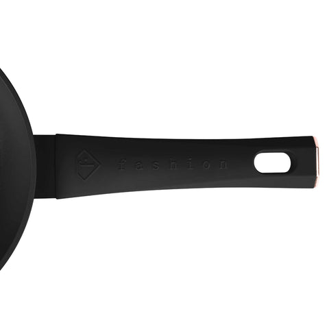 Product image of Frypan 20cm. Part of the MATTE BLACK- ROSE GOLD . Features: • Material: forged aluminum with non-stick titanPro coating • Frypan Ø20*4,5 cm 1,0L • Color: matt black- rose gold. (Studio view). Official Berlinger Haus product, boosted by Promintra sl.