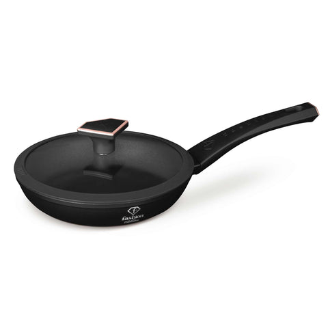 Product image of Frypan 20cm. Part of the MATTE BLACK- ROSE GOLD . Features: • Material: forged aluminum with non-stick titanPro coating • Frypan Ø20*4,5 cm 1,0L • Color: matt black- rose gold. (Studio view). Official Berlinger Haus product, boosted by Promintra sl.