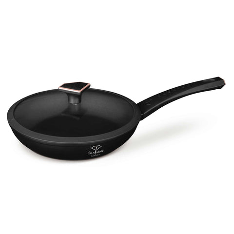 Product image of Frypan 24cm. Part of the MATTE BLACK- ROSE GOLD . Features: • Material: forged aluminum with non-stick titanPro coating • Frypan Ø24*4,8 cm 1,7L • Color: matt black- rose gold. (Studio view). Official Berlinger Haus product, boosted by Promintra sl.