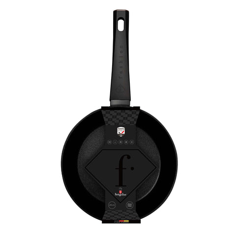Product image of Frypan 24cm. Part of the MATTE BLACK- ROSE GOLD . Features: • Material: forged aluminum with non-stick titanPro coating • Frypan Ø24*4,8 cm 1,7L • Color: matt black- rose gold. (Studio view). Official Berlinger Haus product, boosted by Promintra sl.