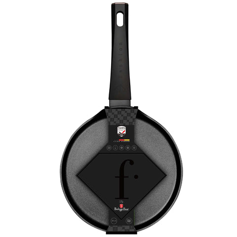 Product image of Pancake pan 28cm. Part of the MATTE BLACK- ROSE GOLD . Features: • Material: forged aluminum with non-stick titanPro coating • Pancake pan Ø28 cm • Color: matt black- rose gold. (Studio view). Official Berlinger Haus product, boosted by Promintra sl.