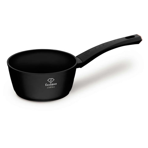 Product image of Sauce pan 16cm. Part of the MATTE BLACK- ROSE GOLD . Features: • Material: forged aluminum with non-stick titanPro coating • Sauce pan Ø16*7 cm 1,2L • Color: matt black- rose gold. (Studio view). Official Berlinger Haus product, boosted by Promintra sl.