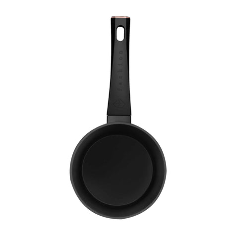Product image of Sauce pan 16cm. Part of the MATTE BLACK- ROSE GOLD . Features: • Material: forged aluminum with non-stick titanPro coating • Sauce pan Ø16*7 cm 1,2L • Color: matt black- rose gold. (Studio view). Official Berlinger Haus product, boosted by Promintra sl.