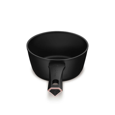 Product image of Sauce pan 16cm. Part of the MATTE BLACK- ROSE GOLD . Features: • Material: forged aluminum with non-stick titanPro coating • Sauce pan Ø16*7 cm 1,2L • Color: matt black- rose gold. (Studio view). Official Berlinger Haus product, boosted by Promintra sl.