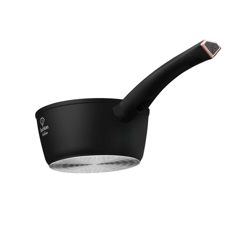 Product image of Sauce pan 16cm. Part of the MATTE BLACK- ROSE GOLD . Features: • Material: forged aluminum with non-stick titanPro coating • Sauce pan Ø16*7 cm 1,2L • Color: matt black- rose gold. (Studio view). Official Berlinger Haus product, boosted by Promintra sl.