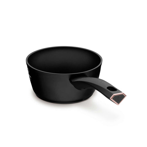 Product image of Sauce pan 16cm. Part of the MATTE BLACK- ROSE GOLD . Features: • Material: forged aluminum with non-stick titanPro coating • Sauce pan Ø16*7 cm 1,2L • Color: matt black- rose gold. (Studio view). Official Berlinger Haus product, boosted by Promintra sl.