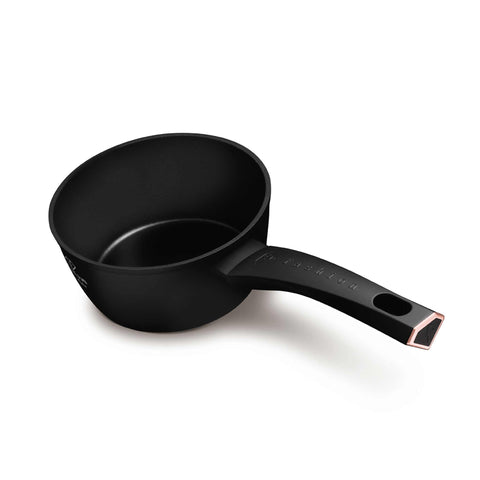 Product image of Sauce pan 16cm. Part of the MATTE BLACK- ROSE GOLD . Features: • Material: forged aluminum with non-stick titanPro coating • Sauce pan Ø16*7 cm 1,2L • Color: matt black- rose gold. (Studio view). Official Berlinger Haus product, boosted by Promintra sl.
