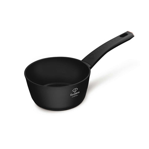 Product image of Sauce pan 16cm. Part of the MATTE BLACK- ROSE GOLD . Features: • Material: forged aluminum with non-stick titanPro coating • Sauce pan Ø16*7 cm 1,2L • Color: matt black- rose gold. (Studio view). Official Berlinger Haus product, boosted by Promintra sl.