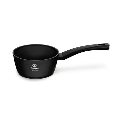 Product image of Sauce pan 16cm. Part of the MATTE BLACK- ROSE GOLD . Features: • Material: forged aluminum with non-stick titanPro coating • Sauce pan Ø16*7 cm 1,2L • Color: matt black- rose gold. (Studio view). Official Berlinger Haus product, boosted by Promintra sl.