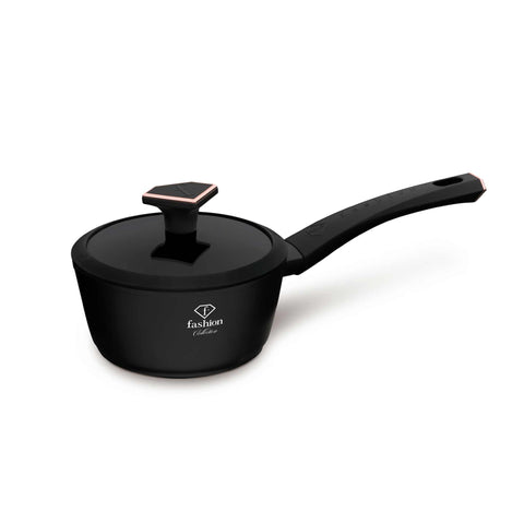 Imagem do produto: Panela com tampa de 16 cm. Parte da linha PRETO FOSCO - OURO ROSA. Características: • Material: alumínio forjado com revestimento antiaderente TitanPro • Panela Ø16*7 cm 1,2 L • Cor: preto fosco - ouro rosa. (Imagem ilustrativa). Produto oficial Berlinger Haus, com o apoio da Promintra sl.