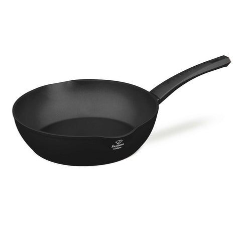 Product image of Deep frypan with 2mouth 28cm. Part of the MATTE BLACK- ROSE GOLD . Features: • Material: forged aluminum with non-stick titanPro coating • Deep frypan Ø28*7,5 cm 3,8L • Color: matt black- rose gold. (Studio view). Official Berlinger Haus product, boosted by Promintra sl.