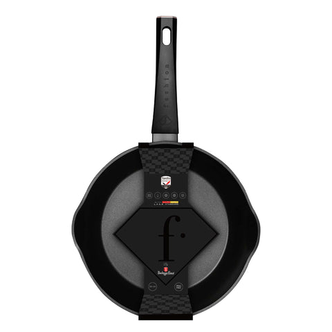 Product image of Deep frypan with 2mouth 28cm. Part of the MATTE BLACK- ROSE GOLD . Features: • Material: forged aluminum with non-stick titanPro coating • Deep frypan Ø28*7,5 cm 3,8L • Color: matt black- rose gold. (Studio view). Official Berlinger Haus product, boosted by Promintra sl.
