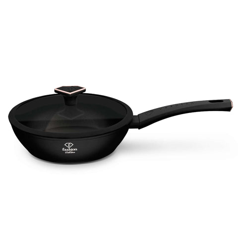 Product image of Deep frypan with lid 24cm. Part of the MATTE BLACK- ROSE GOLD . Features: • Material: forged aluminum with non-stick titanPro coating • Deep frypan with lid Ø24*6,5 cm 2,3L • Color: matt black- rose gold. (Studio view). Official Berlinger Haus product, boosted by Promintra sl.