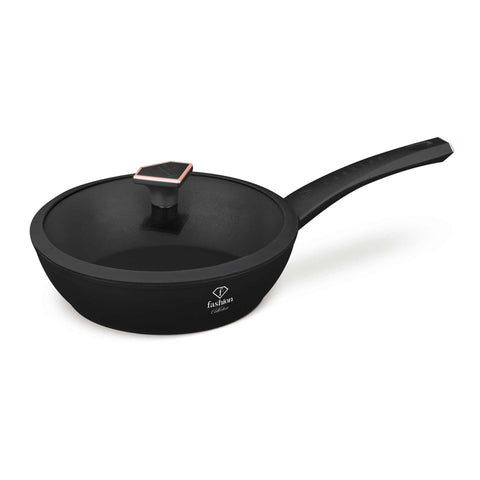 Product image of Deep frypan with lid 24cm. Part of the MATTE BLACK- ROSE GOLD . Features: • Material: forged aluminum with non-stick titanPro coating • Deep frypan with lid Ø24*6,5 cm 2,3L • Color: matt black- rose gold. (Studio view). Official Berlinger Haus product, boosted by Promintra sl.