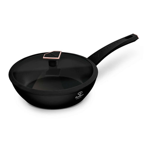 Product image of Deep frypan with lid 24cm. Part of the MATTE BLACK- ROSE GOLD . Features: • Material: forged aluminum with non-stick titanPro coating • Deep frypan with lid Ø24*6,5 cm 2,3L • Color: matt black- rose gold. (Studio view). Official Berlinger Haus product, boosted by Promintra sl.