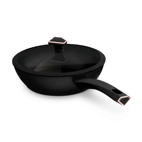 Product image of Deep frypan with lid 24cm. Part of the MATTE BLACK- ROSE GOLD . Features: • Material: forged aluminum with non-stick titanPro coating • Deep frypan with lid Ø24*6,5 cm 2,3L • Color: matt black- rose gold. (Studio view). Official Berlinger Haus product, boosted by Promintra sl.