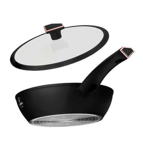 Product image of Deep frypan with lid 24cm. Part of the MATTE BLACK- ROSE GOLD . Features: • Material: forged aluminum with non-stick titanPro coating • Deep frypan with lid Ø24*6,5 cm 2,3L • Color: matt black- rose gold. (Studio view). Official Berlinger Haus product, boosted by Promintra sl.
