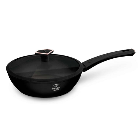 Product image of Deep frypan with lid 24cm. Part of the MATTE BLACK- ROSE GOLD . Features: • Material: forged aluminum with non-stick titanPro coating • Deep frypan with lid Ø24*6,5 cm 2,3L • Color: matt black- rose gold. (Studio view). Official Berlinger Haus product, boosted by Promintra sl.