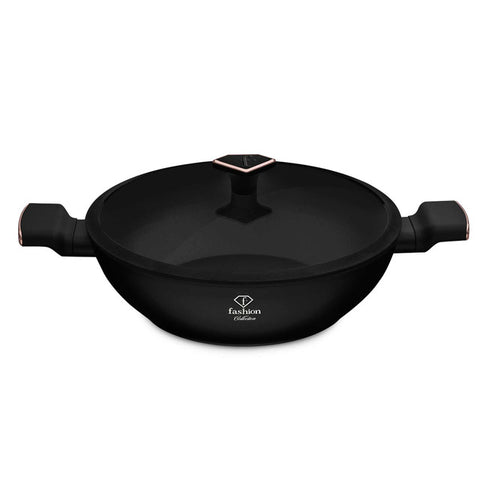 Product image of Wok with lid 30cm. Part of the MATTE BLACK- ROSE GOLD . Features: • Material: forged aluminum with non-stick titanPro coating • Wok with lid Ø30 cm • Color: matt black- rose gold. (Studio view). Official Berlinger Haus product, boosted by Promintra sl.