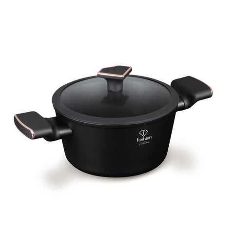 Product image of Casserole with lid 20cm. Part of the MATTE BLACK- ROSE GOLD . Features: • Material: forged aluminum with non-stick titanPro coating • Casserole with lid Ø20*10,4 cm 2,5L • Color: matt black- rose gold. (Studio view). Official Berlinger Haus product, boosted by Promintra sl.