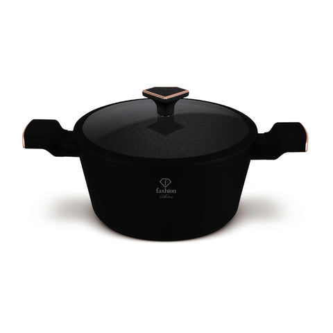 Product image of Casserole with lid 24cm. Part of the MATTE BLACK- ROSE GOLD . Features: • Material: forged aluminum with non-stick titanPro coating • Casserole with lid Ø24*11,8 cm 4,1L • Color: matt black- rose gold. (Studio view). Official Berlinger Haus product, boosted by Promintra sl.
