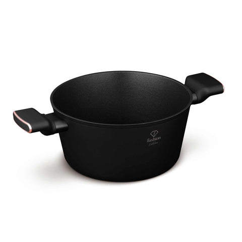 Product image of Casserole with lid 24cm. Part of the MATTE BLACK- ROSE GOLD . Features: • Material: forged aluminum with non-stick titanPro coating • Casserole with lid Ø24*11,8 cm 4,1L • Color: matt black- rose gold. (Studio view). Official Berlinger Haus product, boosted by Promintra sl.