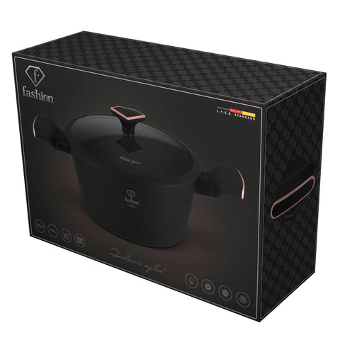 Product image of Casserole with lid 24cm. Part of the MATTE BLACK- ROSE GOLD . Features: • Material: forged aluminum with non-stick titanPro coating • Casserole with lid Ø24*11,8 cm 4,1L • Color: matt black- rose gold. (Studio view). Official Berlinger Haus product, boosted by Promintra sl.