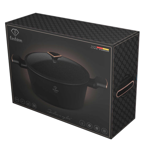 Product image of Casserole with lid 30cm. Part of the MATTE BLACK- ROSE GOLD . Features: • Material: forged aluminum with non-stick titanPro coating • Casserole with lid Ø30*13,5 cm 8L • Color: matt black- rose gold. (Studio view). Official Berlinger Haus product, boosted by Promintra sl.