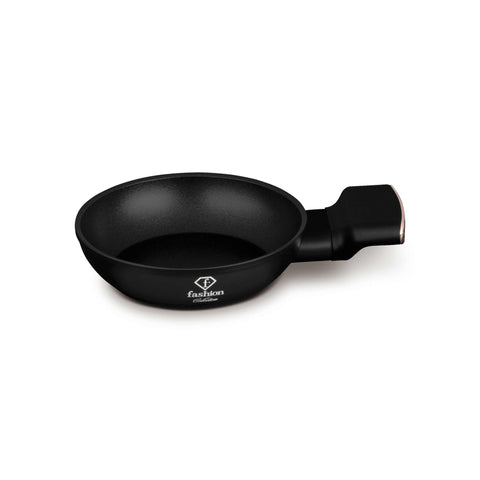 Product image of Mini pan 16cm. Part of the MATTE BLACK- ROSE GOLD . Features: • Material: forged aluminum with non-stick titanPro coating • Mini pan Ø16 cm • Color: matt black- rose gold. (Studio view). Official Berlinger Haus product, boosted by Promintra sl.