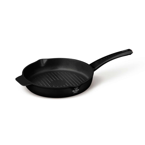 Product image of Round grill pan with 2mouth 26cm. Part of the MATTE BLACK- ROSE GOLD . Features: • Material: forged aluminum with non-stick titanPro coating • Grill pan Ø26 cm • Color: matt black- rose gold. (Studio view). Official Berlinger Haus product, boosted by Promintra sl.