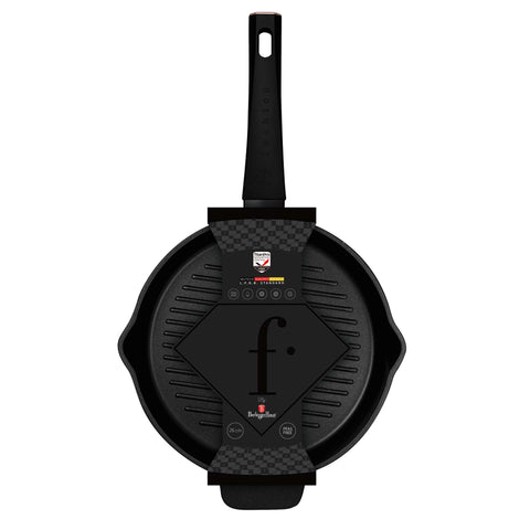 Product image of Round grill pan with 2mouth 26cm. Part of the MATTE BLACK- ROSE GOLD . Features: • Material: forged aluminum with non-stick titanPro coating • Grill pan Ø26 cm • Color: matt black- rose gold. (Studio view). Official Berlinger Haus product, boosted by Promintra sl.