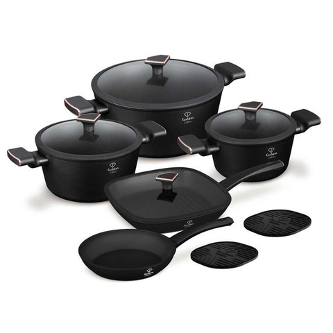 Product image of 11pcs cookware set. Part of the MATTE BLACK- ROSE GOLD . Features: • Material: forged aluminum with non-stick titanPro coating • Include: • Frypan Ø24*4,8 cm 1,7L • Grill pan with lid Ø28*28*4,1 cm 2,1L • Casserole.... (Studio view). Official Berlinger Haus product, boosted by Promintra sl.