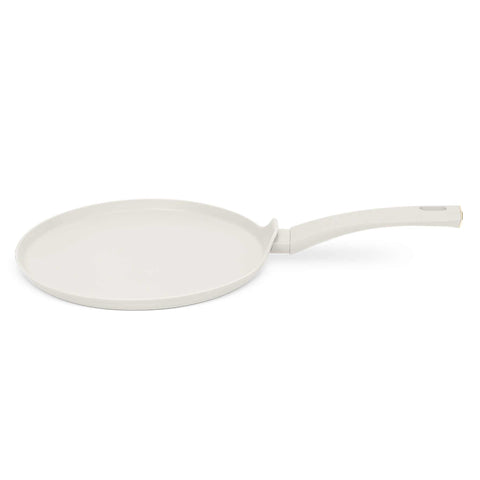 Product image of Pancake pan 28cm. Part of the MATTE CREAM- GOLD . Features: • Material: forged aluminum with non-stick titanPro coating • Pancake pan Ø28cm • Color: matt cream- gold. (Studio view). Official Berlinger Haus product, boosted by Promintra sl.