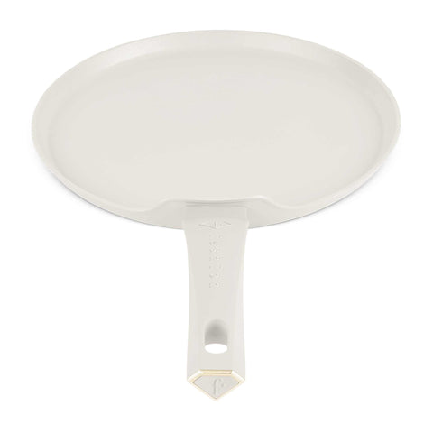 Product image of Pancake pan 28cm. Part of the MATTE CREAM- GOLD . Features: • Material: forged aluminum with non-stick titanPro coating • Pancake pan Ø28cm • Color: matt cream- gold. (Studio view). Official Berlinger Haus product, boosted by Promintra sl.