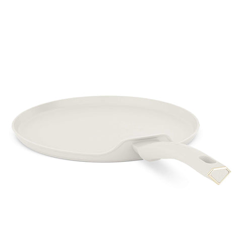 Product image of Pancake pan 28cm. Part of the MATTE CREAM- GOLD . Features: • Material: forged aluminum with non-stick titanPro coating • Pancake pan Ø28cm • Color: matt cream- gold. (Studio view). Official Berlinger Haus product, boosted by Promintra sl.