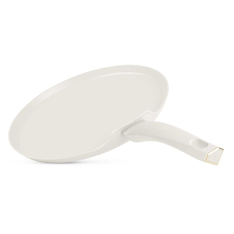Product image of Pancake pan 28cm. Part of the MATTE CREAM- GOLD . Features: • Material: forged aluminum with non-stick titanPro coating • Pancake pan Ø28cm • Color: matt cream- gold. (Studio view). Official Berlinger Haus product, boosted by Promintra sl.