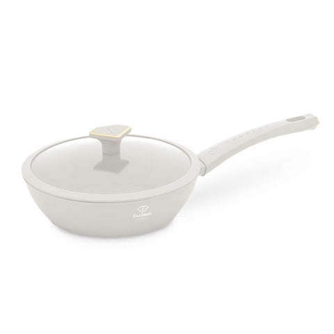 Product image of Deep frypan with lid 24cm. Part of the MATTE CREAM- GOLD . Features: • Material: forged aluminum with non-stick titanPro coating • Deep frypan with lid Ø24*6,5 cm 2,3L • Color: matt cream- gold. (Studio view). Official Berlinger Haus product, boosted by Promintra sl.