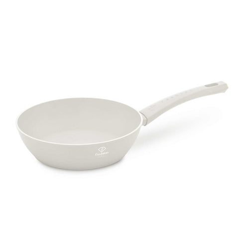 Product image of Deep frypan with lid 24cm. Part of the MATTE CREAM- GOLD . Features: • Material: forged aluminum with non-stick titanPro coating • Deep frypan with lid Ø24*6,5 cm 2,3L • Color: matt cream- gold. (Studio view). Official Berlinger Haus product, boosted by Promintra sl.