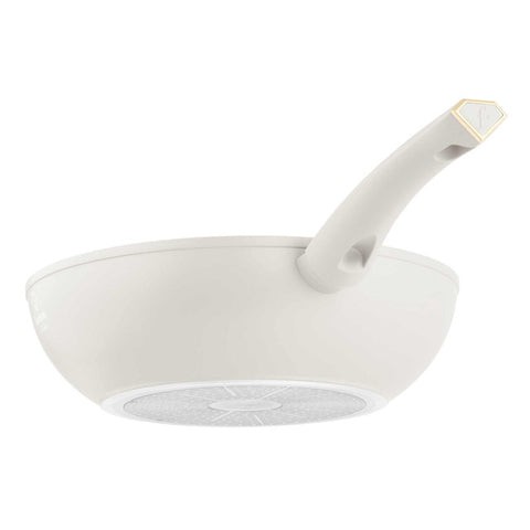 Product image of Wok 28cm. Part of the MATTE CREAM- GOLD . Features: • Material: forged aluminum with non-stick titanPro coating • Wok Ø28*7,4 cm 3,2L • Color: matt cream- gold. (Studio view). Official Berlinger Haus product, boosted by Promintra sl.