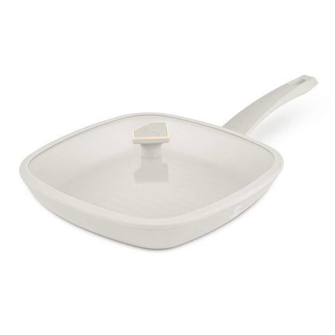 Product image of Grill pan with lid 28cm. Part of the MATTE CREAM- GOLD . Features: • Material: forged aluminum with non-stick titanPro coating • Grill pan with lid Ø28*4,1 cm 2,1L • Color: matt cream- gold. (Studio view). Official Berlinger Haus product, boosted by Promintra sl.
