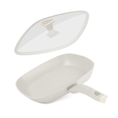 Product image of Grill pan with lid 28cm. Part of the MATTE CREAM- GOLD . Features: • Material: forged aluminum with non-stick titanPro coating • Grill pan with lid Ø28*4,1 cm 2,1L • Color: matt cream- gold. (Studio view). Official Berlinger Haus product, boosted by Promintra sl.