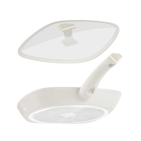 Product image of Grill pan with lid 28cm. Part of the MATTE CREAM- GOLD . Features: • Material: forged aluminum with non-stick titanPro coating • Grill pan with lid Ø28*4,1 cm 2,1L • Color: matt cream- gold. (Studio view). Official Berlinger Haus product, boosted by Promintra sl.
